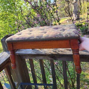 Vintage Wooden Footstool With Floral Tapestry Cushion French country Cottage cor